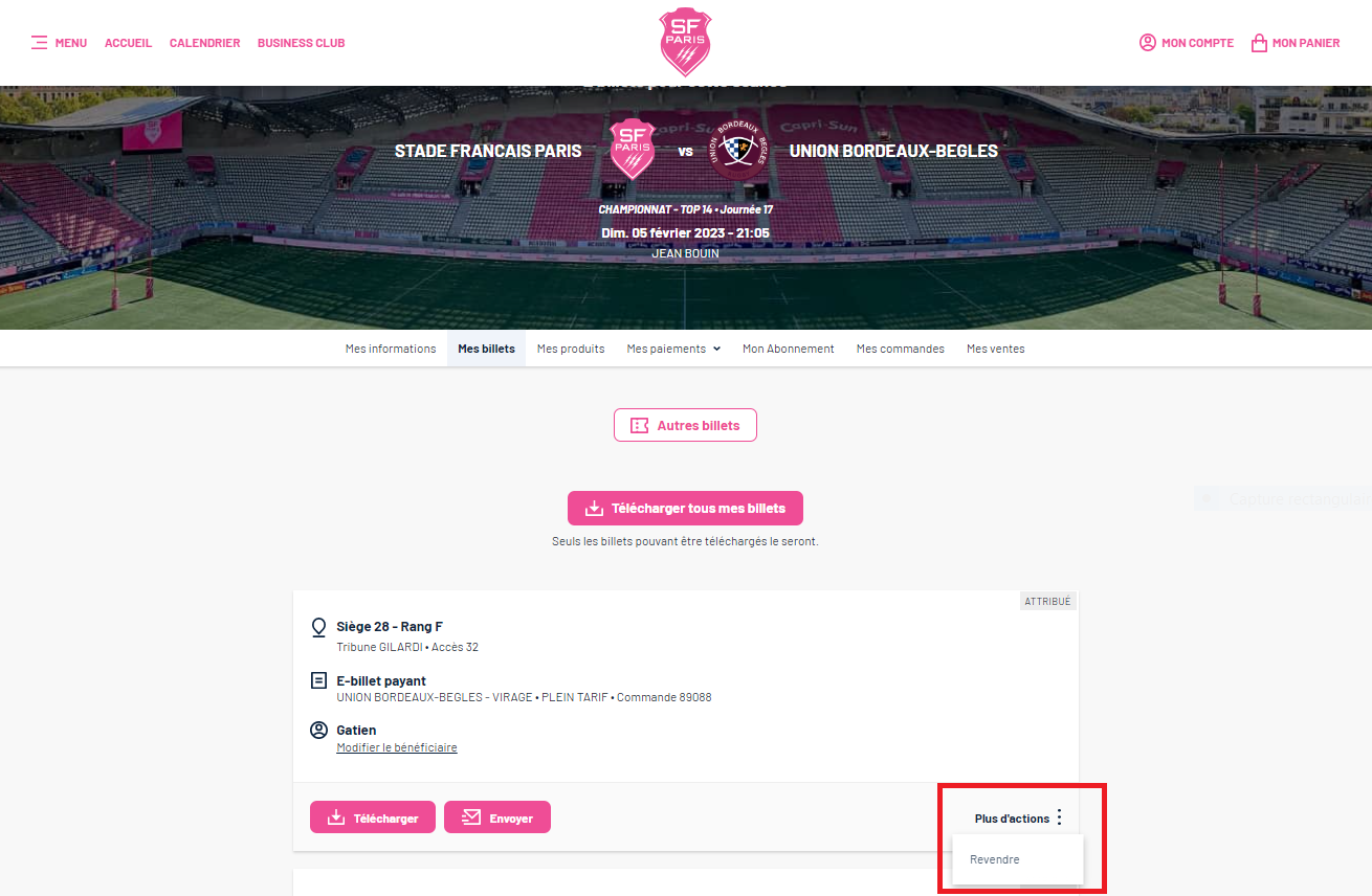Revendre son billet Stade Français